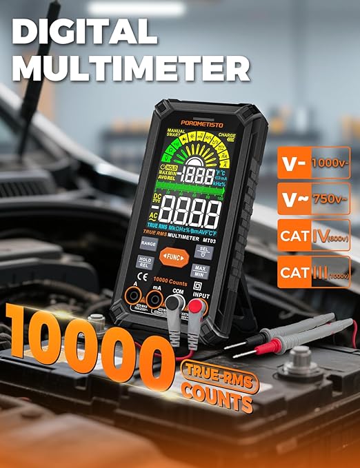 Digital Multimeter Tester 10000 Counts, Smart Multimeter Rechargeable, Auto-Ranging Voltmeter for Measuring Voltage and so on, Dual Fuse Overload Protection, Foldable Stand, Smart Input Jack Warning