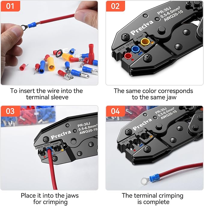 Preciva Crimping Tool Kit for Insulated Wire Connectors, AWG20-10 Ratcheting Wire Terminal Crimper with 400Pcs Insulated Connectors