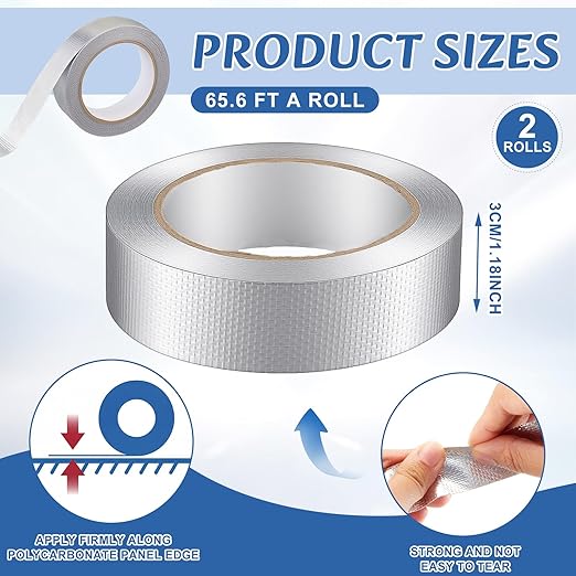 2 Roll 1.18in x 131 ft in Total Aluminum Polycarbonate Tape, Heavy Duty Waterproof Sealing Insulation Greenhouse Tape, Self Adhesive UV Heat Resistant for Greenhouse Roofing Outdoor Repairs