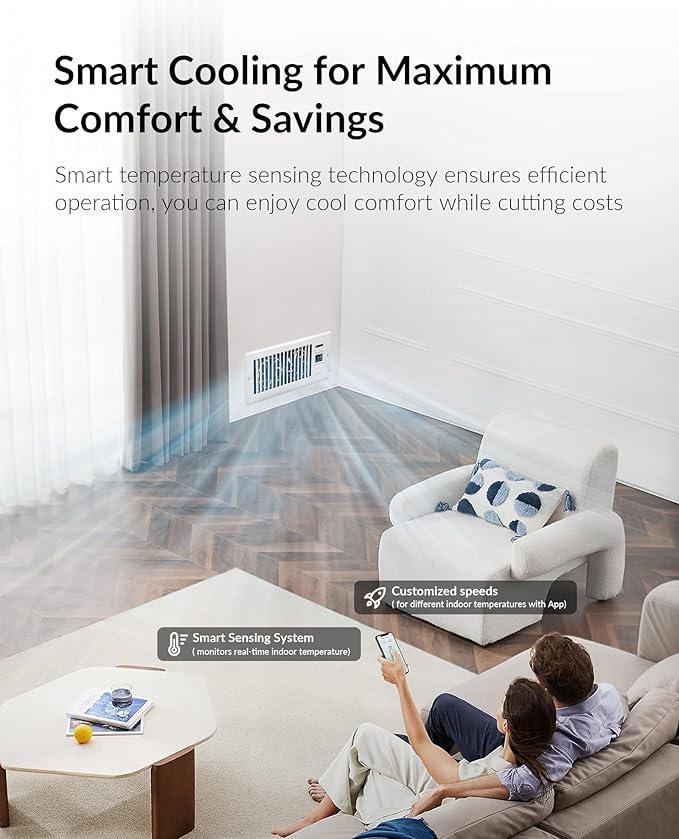 Super Quiet Register Booster Fan for 4" x 10" Register Holes, Smart Register Vent with Dual Intelligent Thermostat and WIFI App Control, Heating Cooling AC Vent Fan (White)