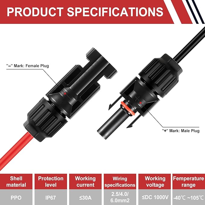 32 PCS Solar Panel Connectors MC4, 16 Pairs Male/Female + 2 Wrenches IP67 Waterproof 1000V/30A Solar Connectors，for Solar Power Systems (10AWG)