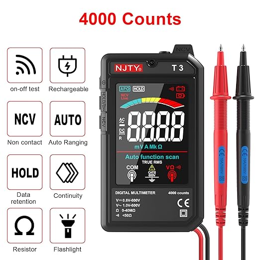 T3 Smart Digital Multimeter, Ultra-Thin Rechargeable Voltmeter with 3.2" Color LCD, Auto-Ranging 600V AC/DC Tester for Resistance NCV Live Wire Detection