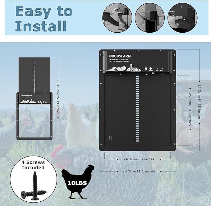 Automatic Chicken Coop Door - Programmable w/App & Timer, Solar/Battery/Grid Powered, Motion Sensor for Anti-Pinch,Plug & Play Electric Door, Aluminum for Weatherproof, Low Battery Alert