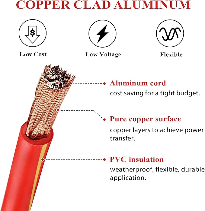 2 Gauge Car Battery Power Cable (Red, 12 Feet) - Copper Clad Aluminum, cca - 2 AWG Automotive Welding Wire with M8 & M10 Cable Lugs for Car, Camper, RV, Solar Low Voltage Wiring