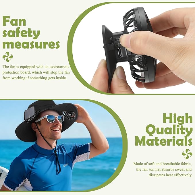 Berlune Men Sun Hat with 2 Solar Fans Wide Brim Outdoor Fishing Hat USB & Solar Powered for Sun Protection Camping Hiking