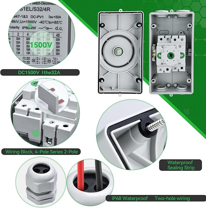 Solar Disconnect Switch DC1500V 32Amp 4-Pole Isolator Solar Switch with Waterproof IP66 Enclosure for Rooftop Solar Systems