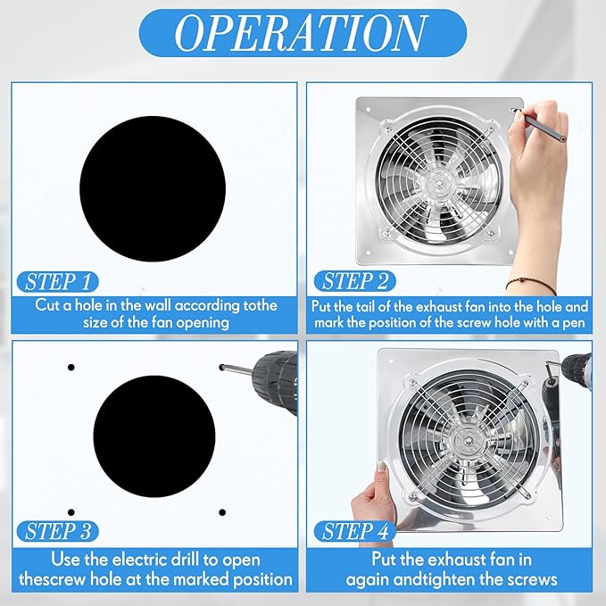 10 Inch Exhaust Fan 988 CFM Kitchen Exhaust Fan with Switch Small Exhaust Fan Bathroom Potable Plug in Garage Exhaust Fan with Damper for Shop, Smoking Room, Industrial Ventilation Use, Silver