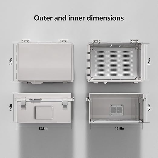 Electrical Junction Box, Ventilated Design, Cable Grommets, Indoor/Outdoor Use with Mounting Panel & Hinged Cover. Waterproof IP 65. (Grey Cover, 13.8"x9.7"x5.9")