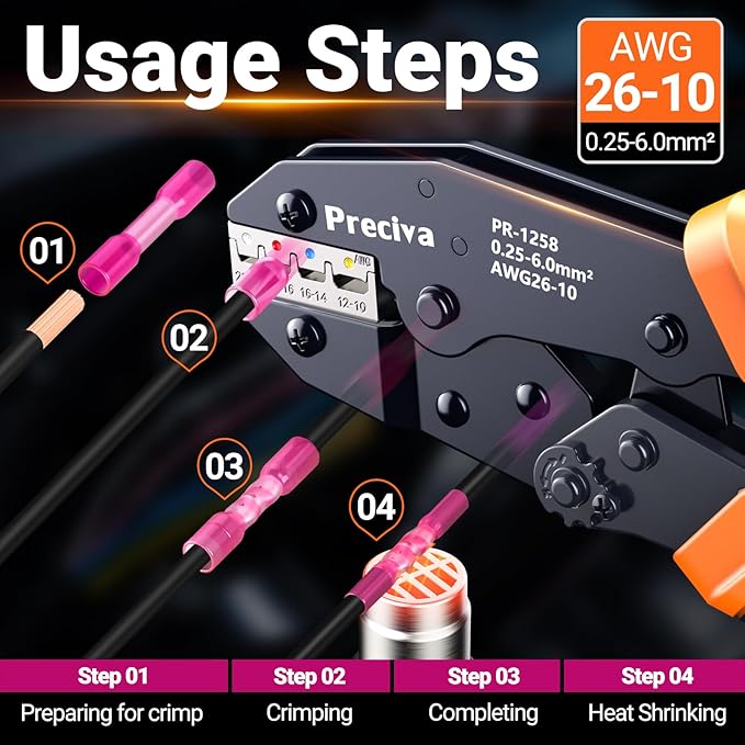 Preciva Wire Crimping Tool for Heat Shrink Connectors Kit, with 220PCS 26-10 AWG Heat Shrink Connectors,Ratcheting Crimper for Automotive, Electrical, Marine & Wiring Repairs