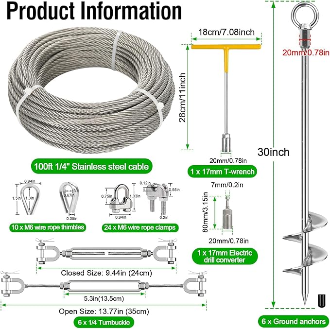 6 Pcs 30" Ground Anchors Heavy Duty with 100ft 1/4" Stainless Steel Cable & 6Pcs Turnbuckle, Fully Welded Ground Anchors Screw in Auger Earth Anchors for Sheds, Mobile Home, Tent, Swing Set