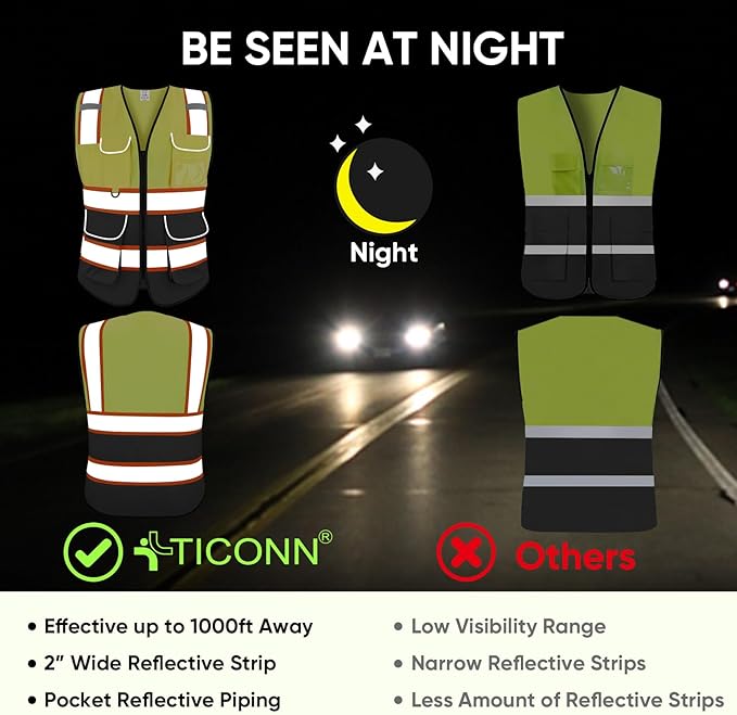 TICONN Reflective Safety Vest High Visibility Class II Mesh Vest for Women & Men Meets ANSI Standards