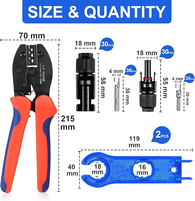 63 PCS Solar Connector Kit - Solar Crimping Tool for Solar Panel Cable with 30 Pairs Male/Female Solar Connectors, 1PCS Wire Crimper, 2 PCS Spanners Wrench, Crimper Set for 2.5/4mm² Solar PV Wire
