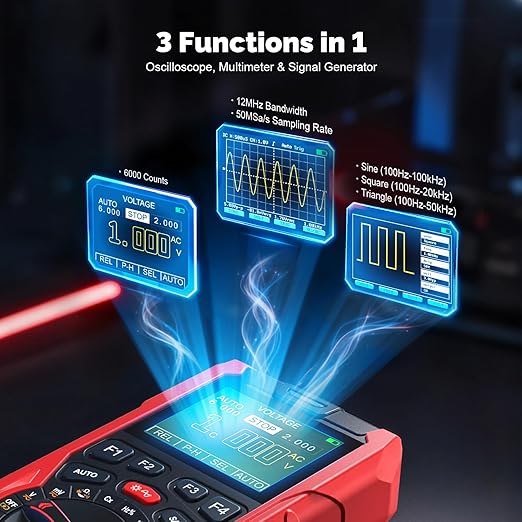 3-in-1 Handheld Oscilloscope Multimeter with Signal Generator, 12MHz Bandwidth 50MS/s Portable Digital Oscilloscope Multimeter, True RMS Auto-Ranging, 1500mAh Battery for Electronics Repair