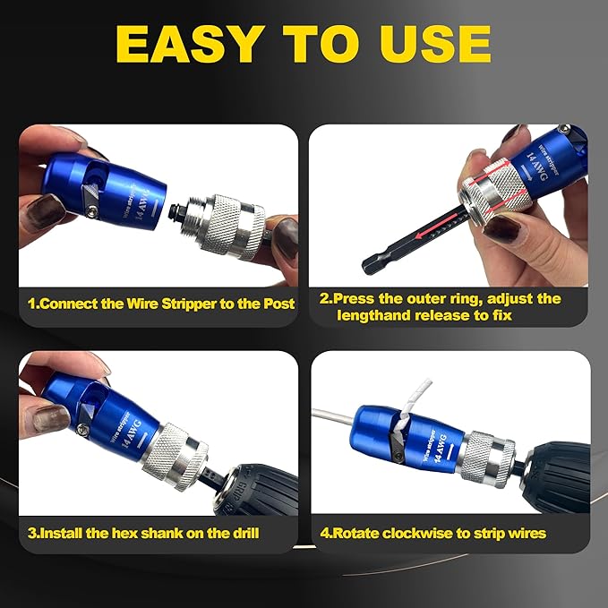US Regulations Wire Stripping for Drill, Includ Wire Twisting Connector Kit, Professional Electrician Quickly Drill Wire Stripping Tools for 6/8/10/12/14 AWG