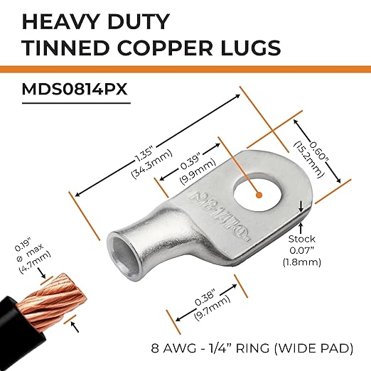 SELTERM 10pcs 8 AWG-1/4" Stud (Wide Pad) Tinned Copper Wire Lugs,Heavy Duty Battery Cable Ends,8 Gauge Ring Terminals,UL Battery Lugs Marine Grade Copper Eyelets Electrical Battery Terminal Connectors