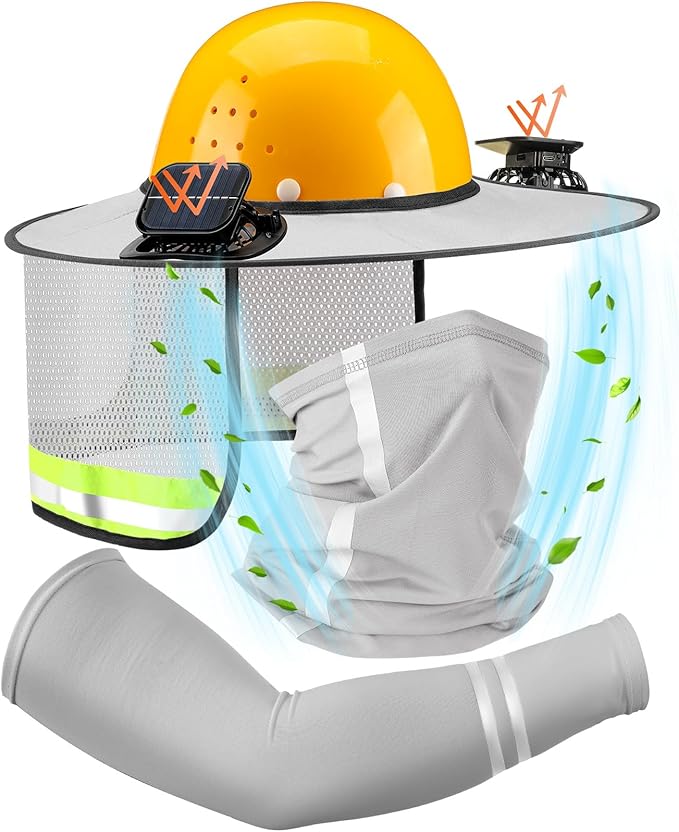 1 Set Sun Hard Hat Shade Full Brim Hard Hat Sun Visor with Solar Fans and Neck Sunshade Cover UV Reflective Strap Arm Sleeves Summer Protection Accessories
