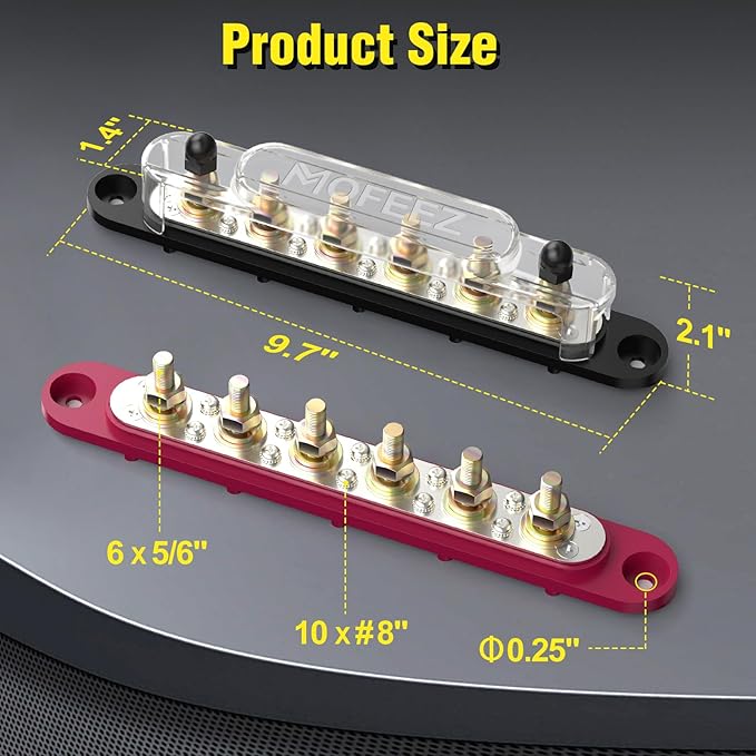 MOFEEZ Power Distribution Block Bus Bar, 6 x 5/16" Posts, 10 x #8 Screws Terminals, Max 48V 250A (Pair, Red & Black)