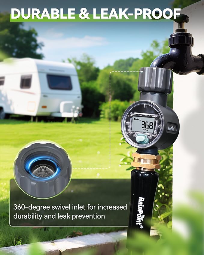 RAINPOINT Water Flow Meter, ±5% Accuracy, Measure Consumption and Flow Rate up to 9999.9 Gallon/Liter, Water Meter for RV, Garden Hose, Pool, Lawn Sprinkler & Nozzle Sprayer