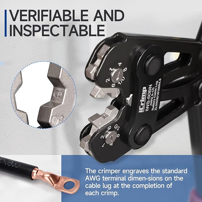 iCrimp Battery Cable Lug Crimping Tool Kit for 8-1/0 AWG - 63pcs Copper Lugs & 25pcs Heat Shrink Tubes, Wire Cutter & Stripper