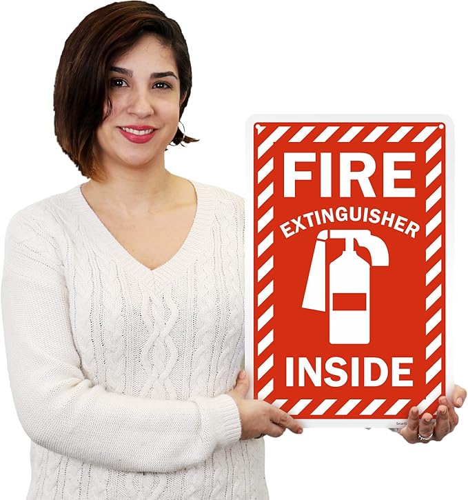 SmartSign 18 x 12 inch “Fire Extinguisher Inside” Sign with Pre-cleared Holes, Digitally Printed, 55 mil HDPE Plastic, Red and white, Made in USA