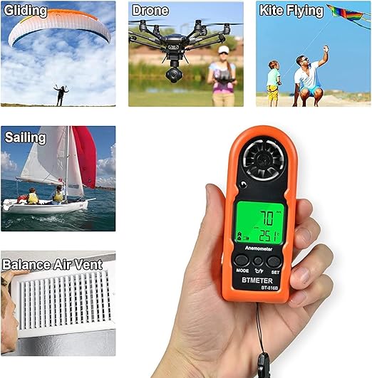 BTMETER Anemometer Handheld Wind Speed Meter, BT-816B Mini Digital Air Flow Meter with LCD Backlight/Wind Chill & Temp, Max/Avg/Current Mode to Measure Air Flow Velocity for Sailing Drone Golf HVAC