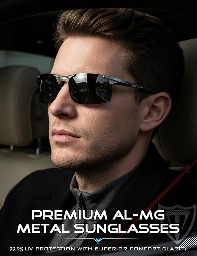 ATTCL Polarized Sunglasses Men Sports: UV Protection Anti Glare Wrap Around Lightweight Metal Driving Fishing Golf Running