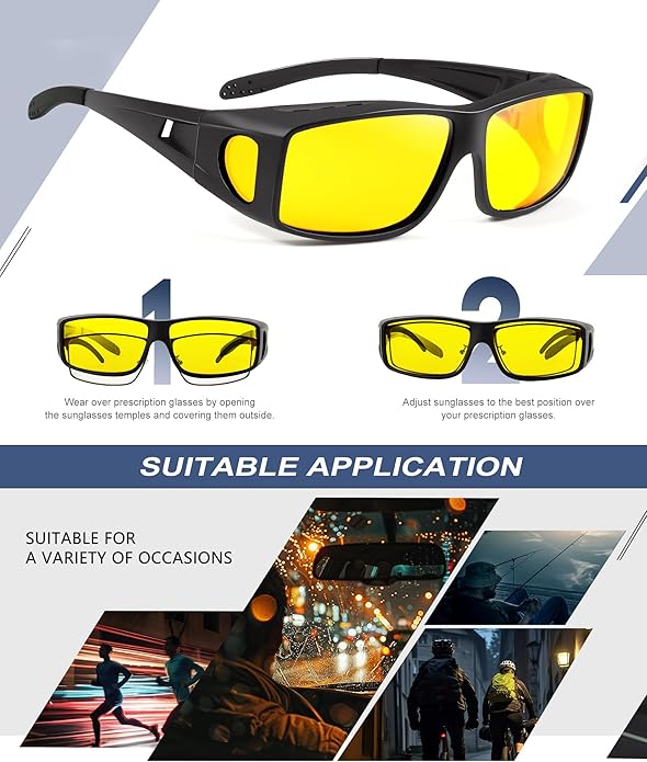 KALIYADI Night-Vision-Glasses Fit-Over-Glasses Wrap-Around Glasses: Anti Glare Night Driving Glasses for men women HD Lens