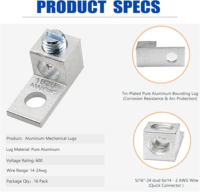 Aluminum Mechanical Lugs 16Pcs, 5/16"-24 Stud Size with 1/4" Mounting Hole, for 14-2 AWG Wire, Tin-Plated Cable Lugs for Solar Grounding, Battery, Electrical Panel, Junction Box
