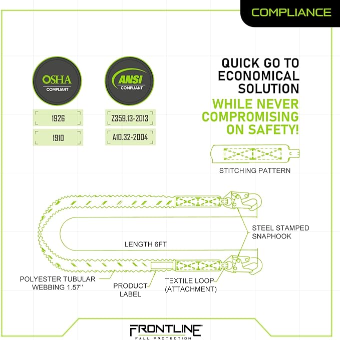 FRONTLINE FALL PROTECTION Internal 6' Shock Absorbing Single Leg Lanyard | ANSI & OSHA Compliant