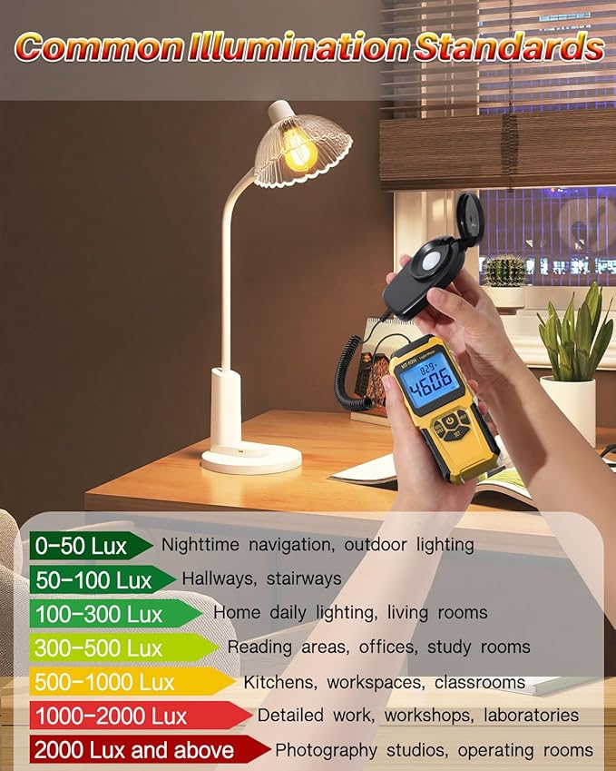 MT-92H Light Meter with Split Sensor Lux/Foot Candles Meter 500ms Refresh Rates Range up to 200,000 Lux Switchable Backlight Temperature Measurer 14℉-140℉