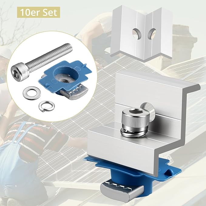 Anbte 10pcs Solar Panel End Clamp for Standard Unistrut, Aluminum 30mm/35mm Solar Panel Brackets with Nuts Bolts, Solar Panel Mounting Kit for Metal Roof, Tin Roof, Flat Roof, Sheet Roof, Silver