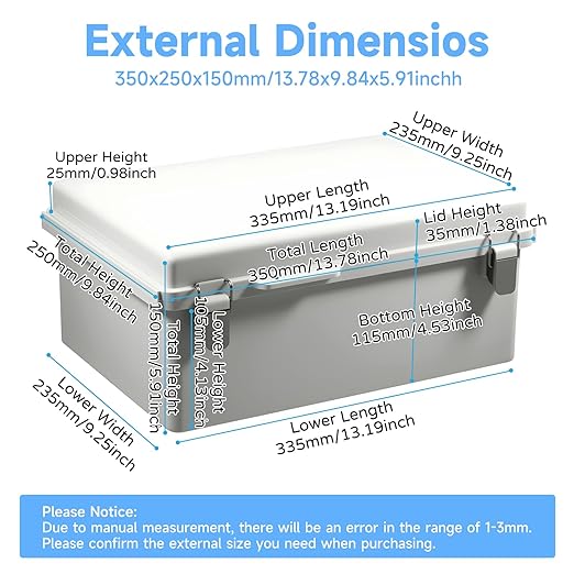 Waterproof Electrical Junction Enclosure Outdoor with Stainless Latch, IP65 ABS Plastic Project Box with 1 Grid Mounting Plates, 2 Cable Glands, 4 Wall Brackets and 8 Screws (Large:13.8"x9.8"x5.9")