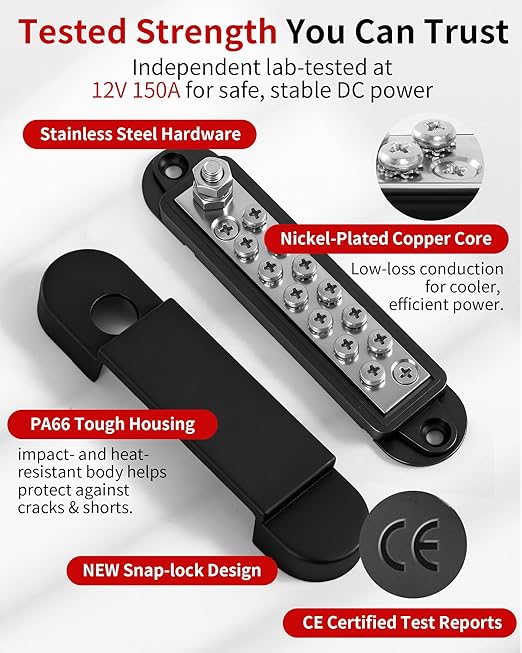 Bus Bar 12V 150A Power Distribution Block, 1/4 in Stud Terminal Buss Bar, Premium Power Junction Block for Solar Battery Wiring, Marine, Boat & Automotive