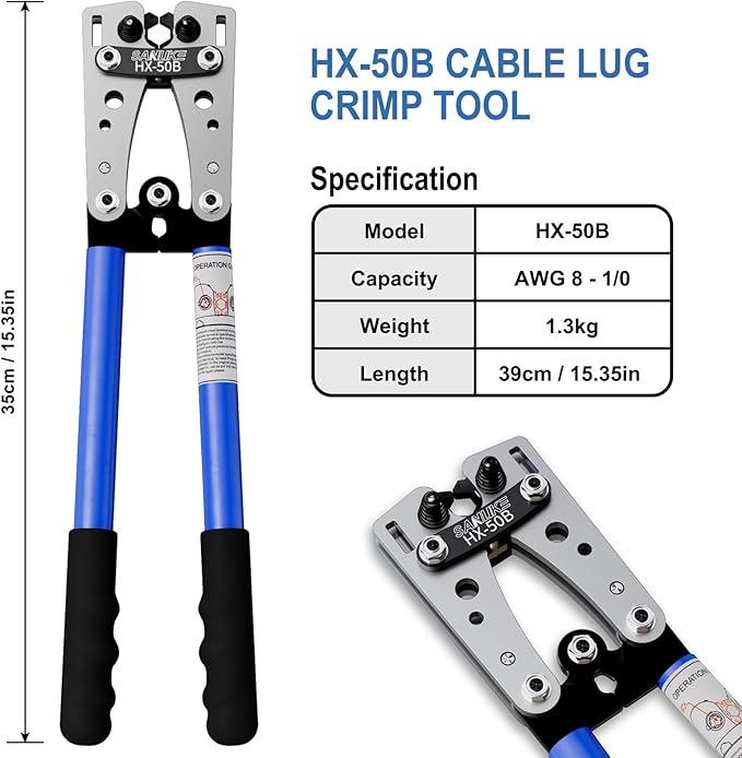 Sanuke Battery Cable Lug Crimping Tool for AWG 8 6 4 2 1/0 Heavy Duty Copper Wire Lugs, Electrical Wire Crimper