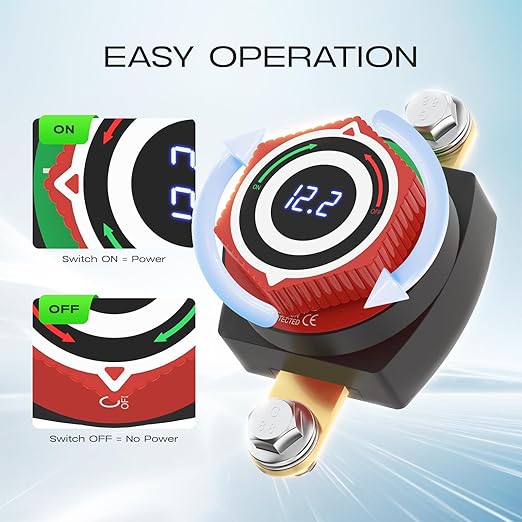 Side Post Battery Disconnect Switch 12V with LED Voltmeter, DC5-80V Car Battery Disconnect Switch Kill Switch for Car, RV, Boat, Marine On Off Battery Cut Off
