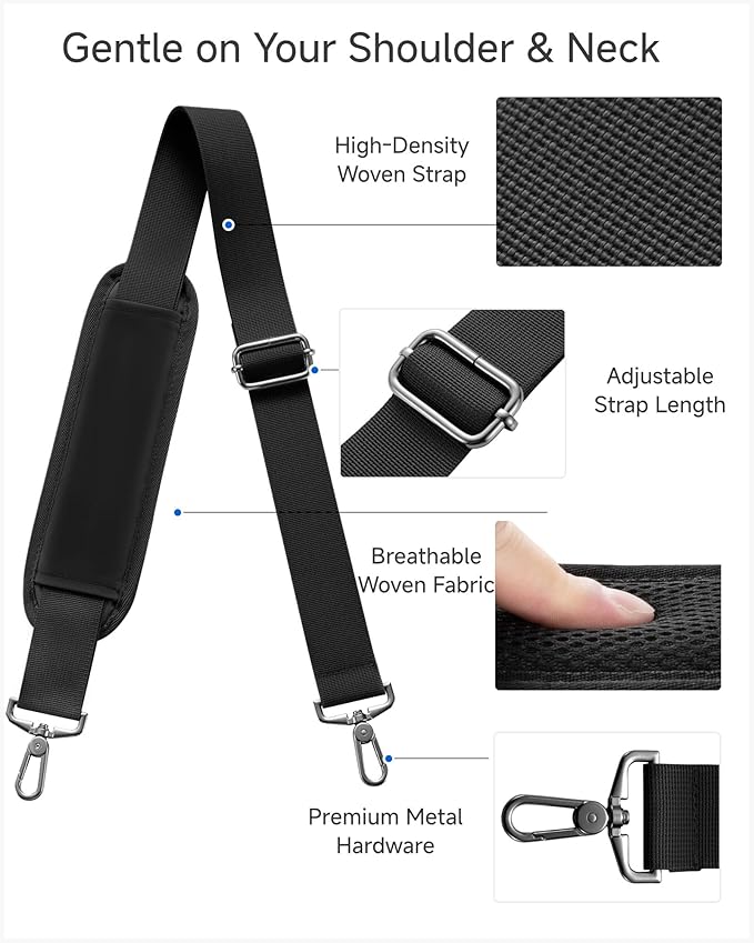 LUGGEX 56 Inch Shoulder Strap, SS01Universal Adjustable Replacement Belt with Padded Metal Hooks for Crossbody Duffel Messenger Sleeve Bag Brifcase, (SS01-Core, Black)