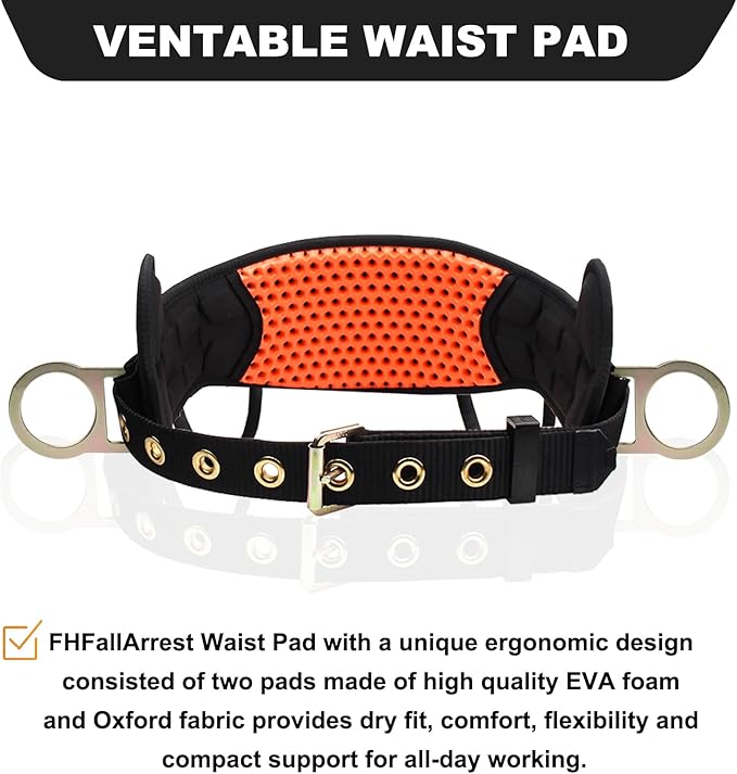 Safety Harness Climbing Belt - Tongue Buckle Safety Belt With Ventable & Moisture-Wicking Waist Pad and 2 Side D-Rings Personal Fall Protection Safety Belt for Work Positioning Restraint