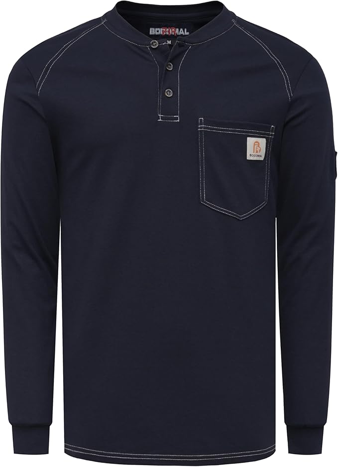 BOCOMAL Men's FR Henley Shirt Flame Resistant 5.5oz Cotton Long Sleeve Workwear UL NFPA2112 CAT2 Welding Tee