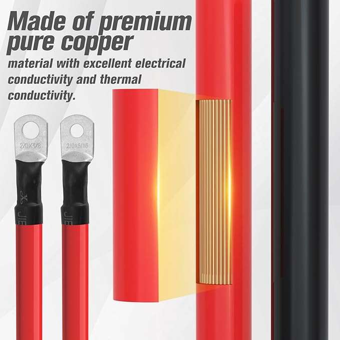 2/0 AWG Battery Cable 2/0AWG Gauge Battery Inverter Cables for Automotive Solar Marine Boat RV Car Motorcycle (2/0 AWG, 3FT, 3/8"+5/16")
