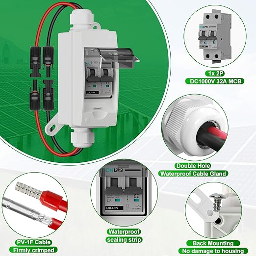 Solar Disconnect Switch 32A DC1000V Circuit Breaker 2P with PV Connector and IP65 Small Breaker Box and Wall Hooks for Outdoor PV Stystem, Battery, PV Array MCB