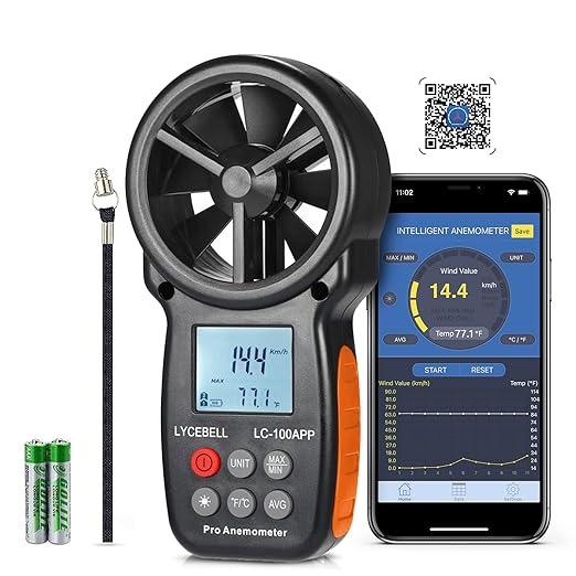 Wireless Anemometer with APP Bluetooth, Digital Handheld Wind Speed CFM Meter Measuring Temperature, Wind Chill, Air Flow Velocity, Wind Gauge for HVAC Outdoor Sailling Climbing Drone 100-APP