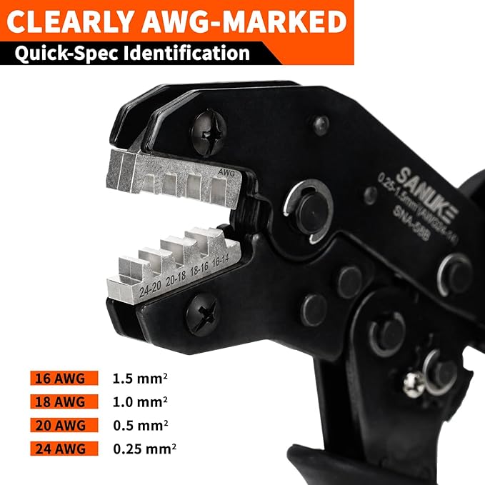 Sanuke Wire Crimping Tool, Ratcheting Wire Crimper for Open Barrel Terminal Connectors, Electrical Crimping Tool for DuPont AMP Deutsch DELPHI JST TYCO Connectors, 24-14 AWG
