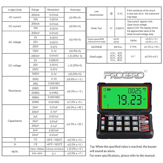 FROGBRO TRMS 20000 Counting Digital Voltmeter with NCV Function, Auto Multimeter Tester, Measurement of Voltage, Current, Resistance, Diode, Temperature, Car Dwell Angle, Engine Speed, Pulse Width