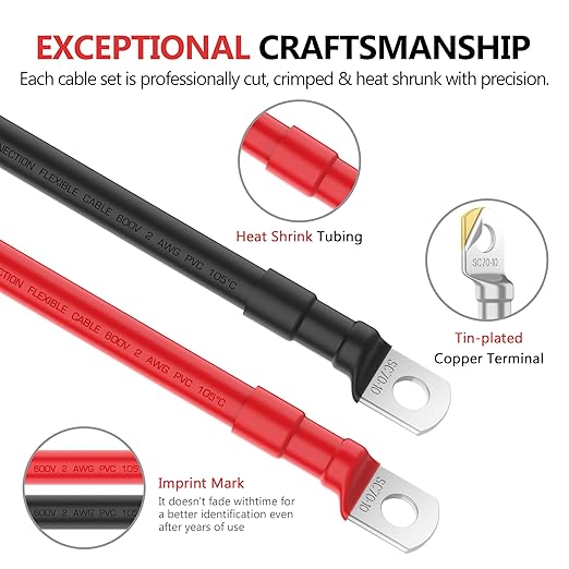 VOLTWORKS 2 AWG Gauge Red + Black Pure Copper Battery Inverter Cables Solar, RV, Car, Boat 1ft 3/8 in Lugs