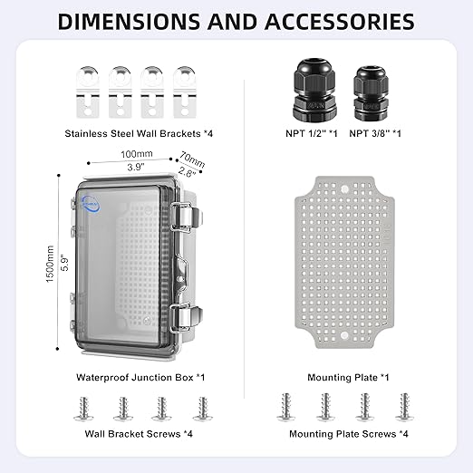 Waterproof Outdoor IP67 Junction Box (5.9"x3.9"x2.8") with Mounting Plate, Hinged Clear Cover and Wall Brackets - Weatherproof ABS Plastic Electrical Enclosure for DIY Projects (150x100x70mm)
