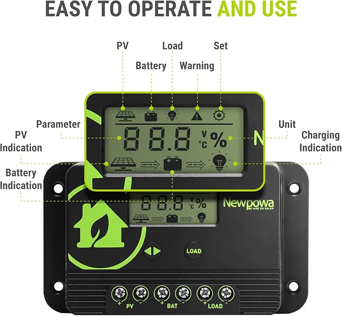 Newpowa 10A Solar Charge Controller - 12V/24V PWM Compact Design LCD Display Off Grid Solar Panel Adjustablefor AGM, Gel, Flooded and Lithium Battery