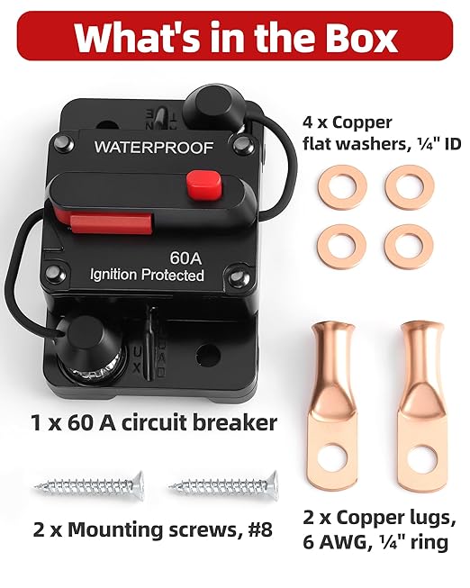 60 Amp Marine Circuit Breaker Switch for Trolling Motor Battery Box, Premium 12V - 48V 60A DC Breaker for Boat Motor, RV, Solar Panel & Car Audio, One-Click Reset, No Fuse Needed