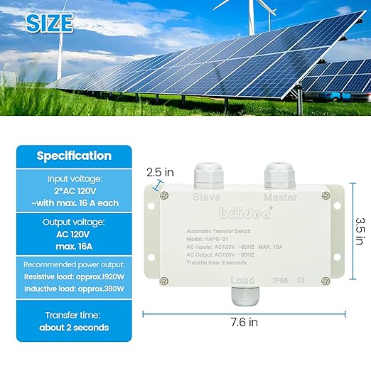Automatic Transfer Switch, Briidea 120 VAC 16 AMP ATS Auto Transfer Switch for Inverter and Main Powers, Suitable for Use in Boats, RVs, Solar Power Systems, Motorhomes