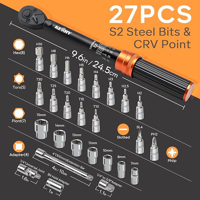 Kerry 1/4 Inch Drive Click 27 PCS Bike Torque Wrench Set, 20-240 LB.IN/2.3-27.1 Nm, Double Scale with Accessories Bit Sockets, 3/8 Adapter Extension Bar Universal Joint Tool for Bicycle Maintenance