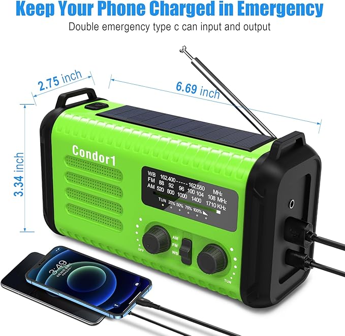 AM FM NOAA Portable Emergency Radio，USB-C/Solar/Hand Crank Charging, Strong Reception & Sound, Large Dial Easy to Use,Alert, Flashlight, Reading Lamp, Cell Phone Charger and SOS Siren